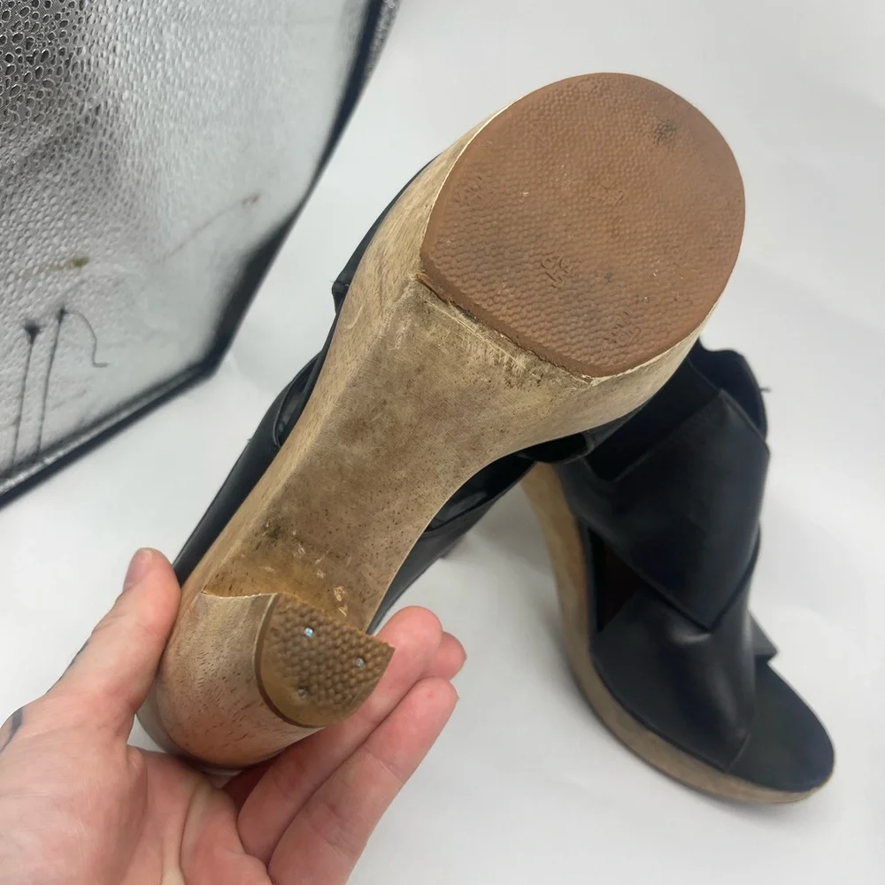 Theory Shoes Heels Black Leather Wrap Wooden Wood Heeled Sandals Size 8 Womens